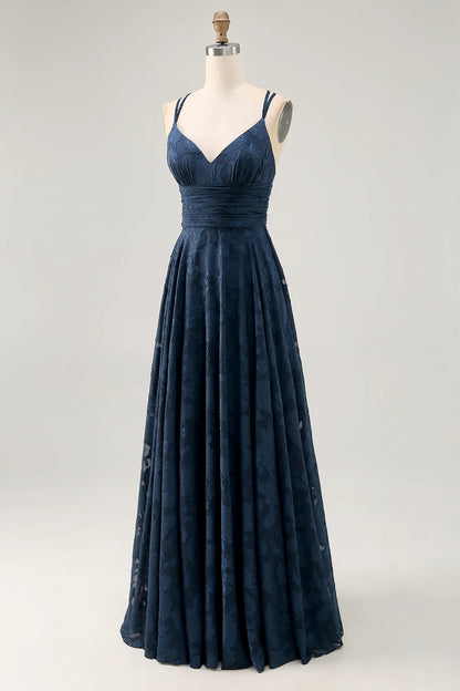 Navy A-Line Spaghetti Straps Ruched Floral Floor Length Dress