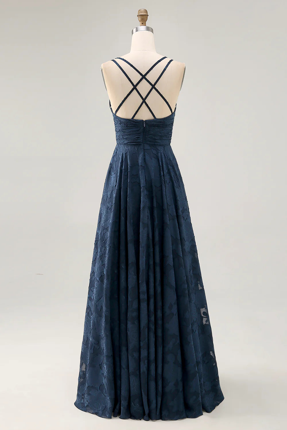 Navy A-Line Spaghetti Straps Ruched Floral Floor Length Dress