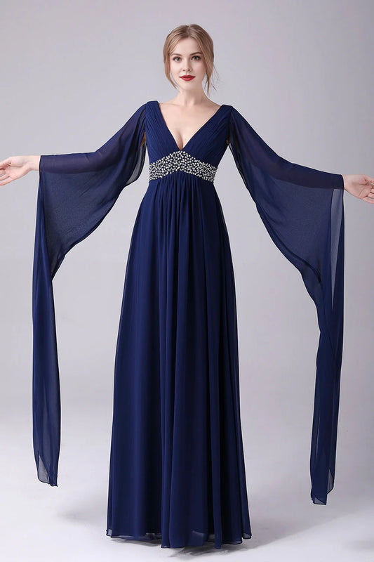 Navy A-Line V-Neck Chiffon Pleated Long Mother Of the Bride Dress Long Sleeves