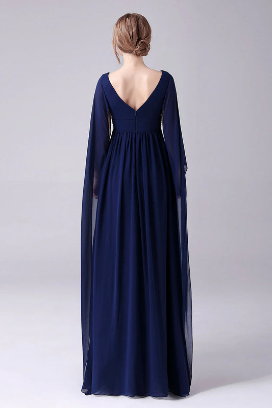 Navy A-Line V-Neck Chiffon Pleated Long Mother Of the Bride Dress Long Sleeves