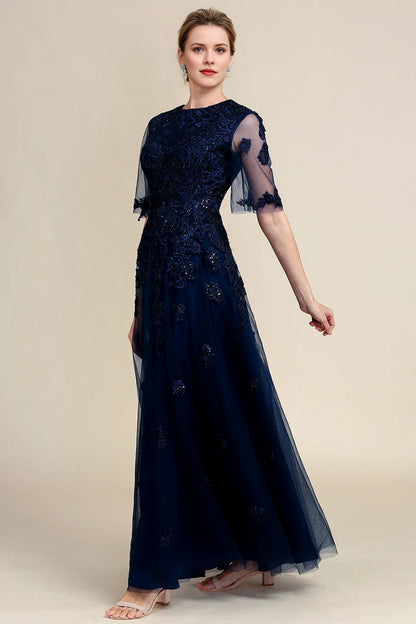 Navy A Line Beading Sparkly Mother Of Bride Dress with Appliques