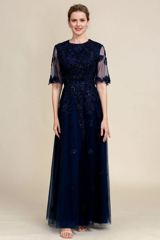 Navy A Line Beading Sparkly Mother Of Bride Dress with Appliques
