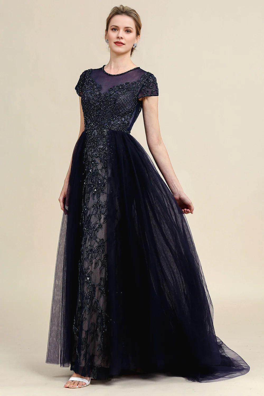 Navy A Line Tulle Beaded Glitter Mother of Bride Dress