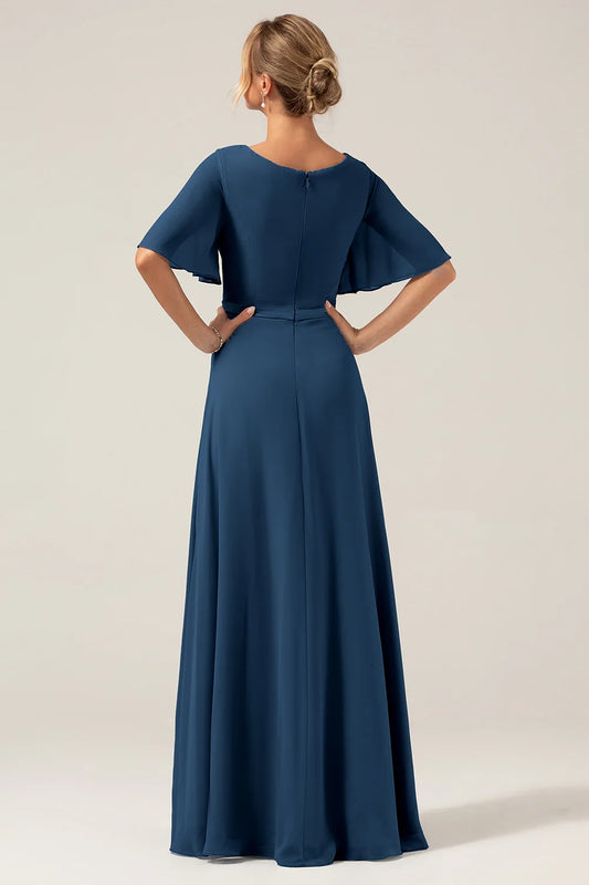 Navy A Line V Neck Chiffon Floor Length Dress With Short Sleeves