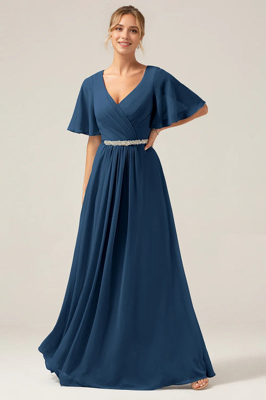Navy A Line V Neck Chiffon Floor Length Dress With Short Sleeves