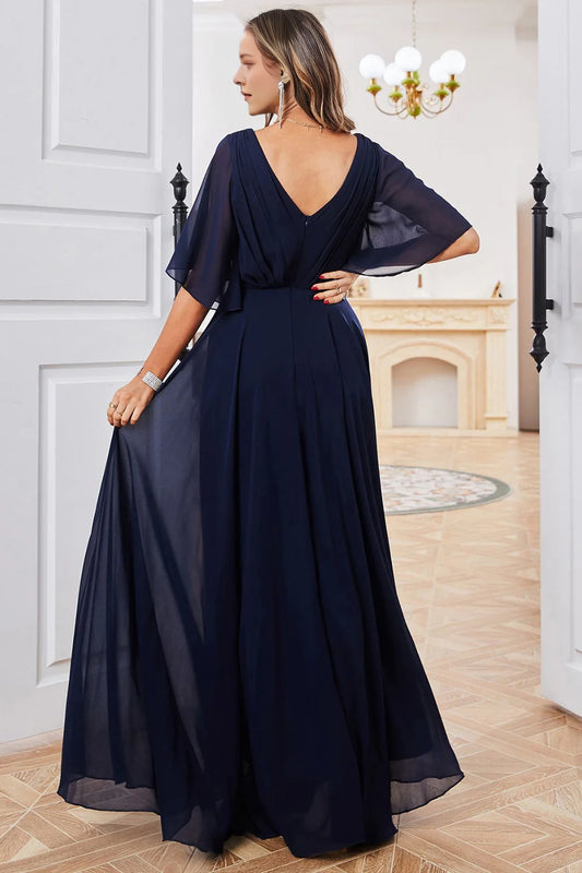 Navy A Line V Neck Floor Length Chiffon Evening Dress For Mom