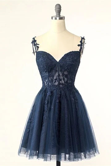 Navy Blue Appliques Sweetheart A-Line Short Homecoming Dress