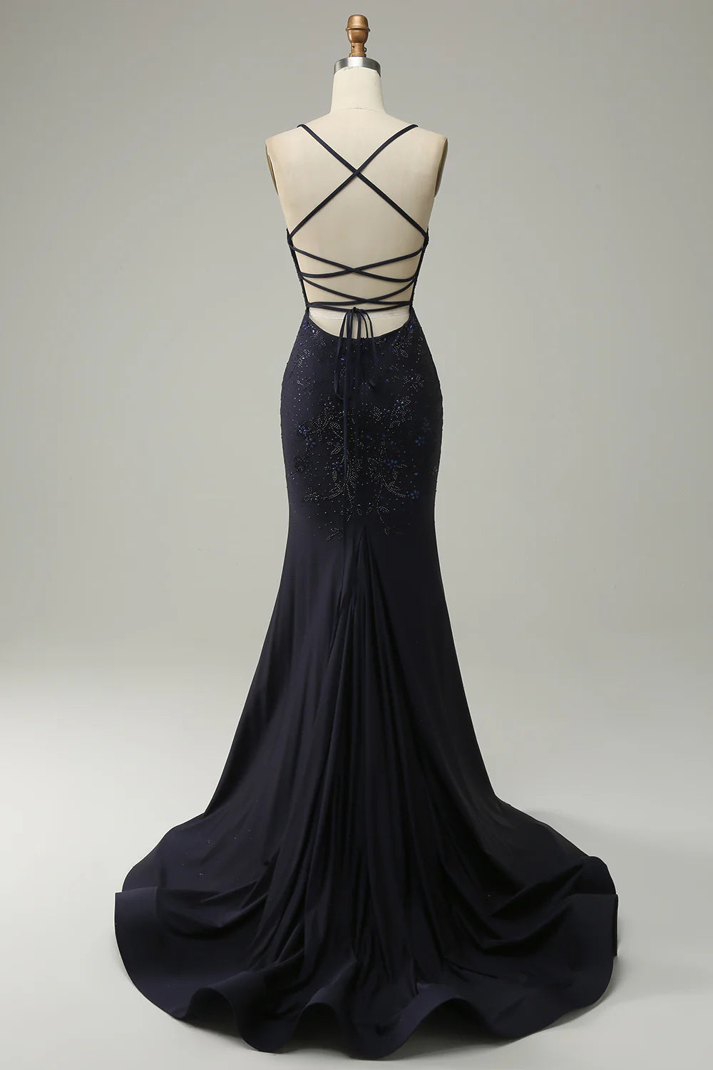 Navy Blue Beaded Crisscross Back Mermaid Evening Dresses