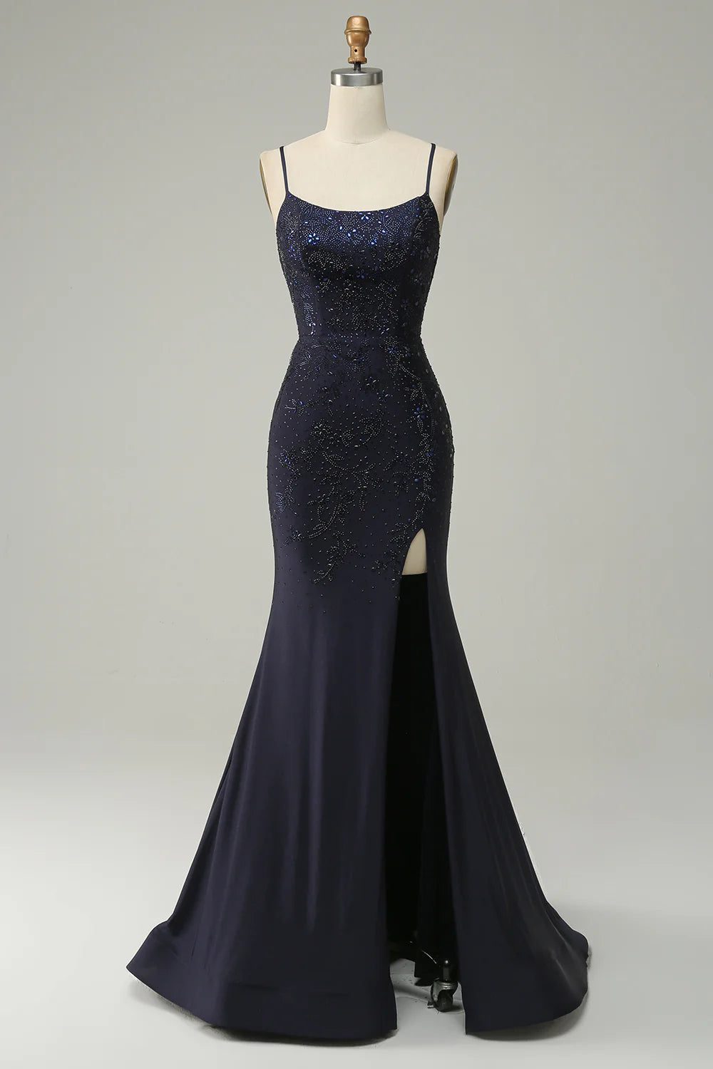 Navy Blue Beaded Crisscross Back Mermaid Evening Dresses