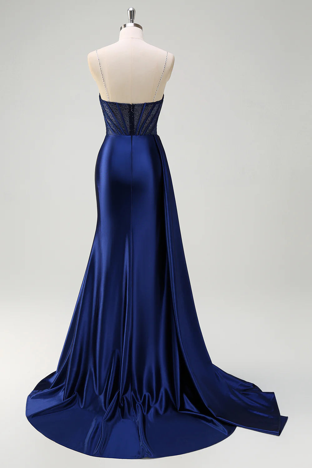 Navy Blue Beaded Sheer Bodice Spaghetti Strap High Slit Satin Mermaid Maxi Evening Dresses