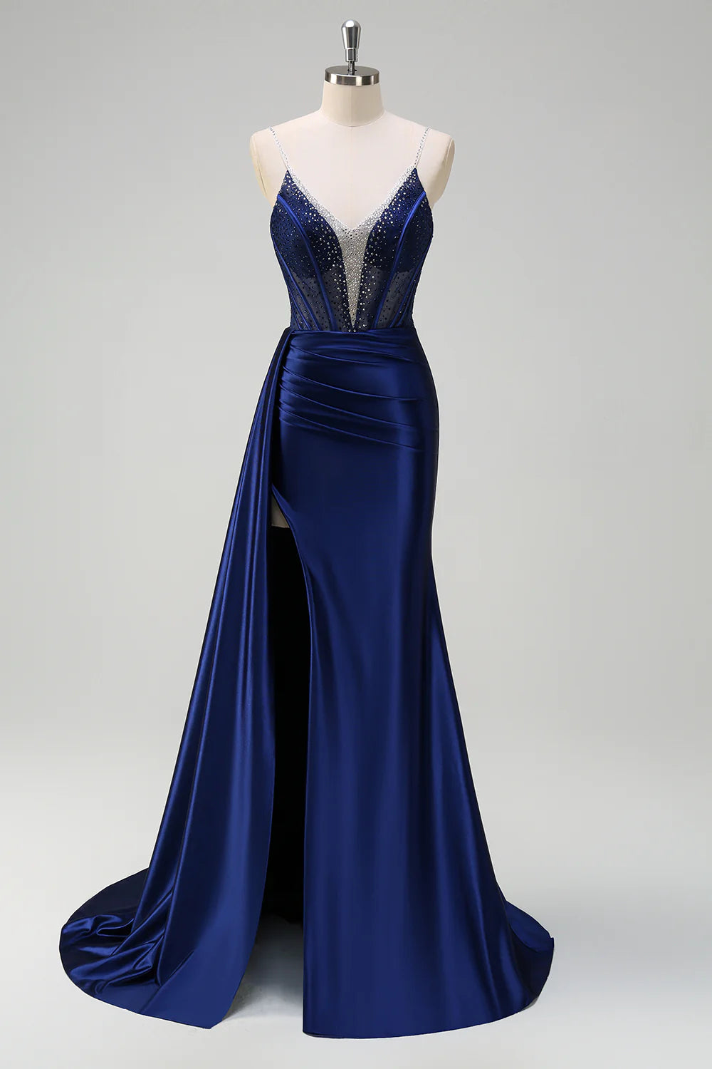 Navy Blue Beaded Sheer Bodice Spaghetti Strap High Slit Satin Mermaid Maxi Evening Dresses
