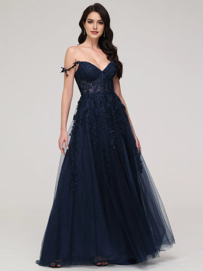 Navy Blue Chic Lace Appliques Long Off - Shoulder Prom Dress with Floral Lace Appliqués and Side Slit  Navy Blue Chic Lace Appliques Long Off - Shoulder Prom Dress with Floral Lace Appliqués and Side Slit