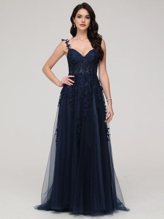 Navy Blue Chic Lace Appliques Long Off - Shoulder Prom Dress with Floral Lace Appliqués and Side Slit  Navy Blue Chic Lace Appliques Long Off - Shoulder Prom Dress with Floral Lace Appliqués and Side Slit