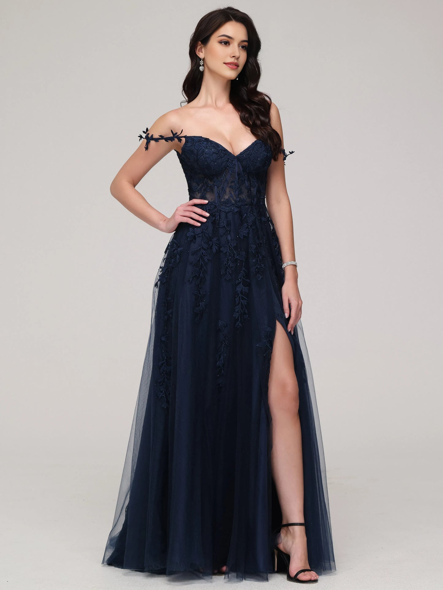 Navy Blue Chic Lace Appliques Long Off - Shoulder Prom Dress with Floral Lace Appliqués and Side Slit  Navy Blue Chic Lace Appliques Long Off - Shoulder Prom Dress with Floral Lace Appliqués and Side Slit
