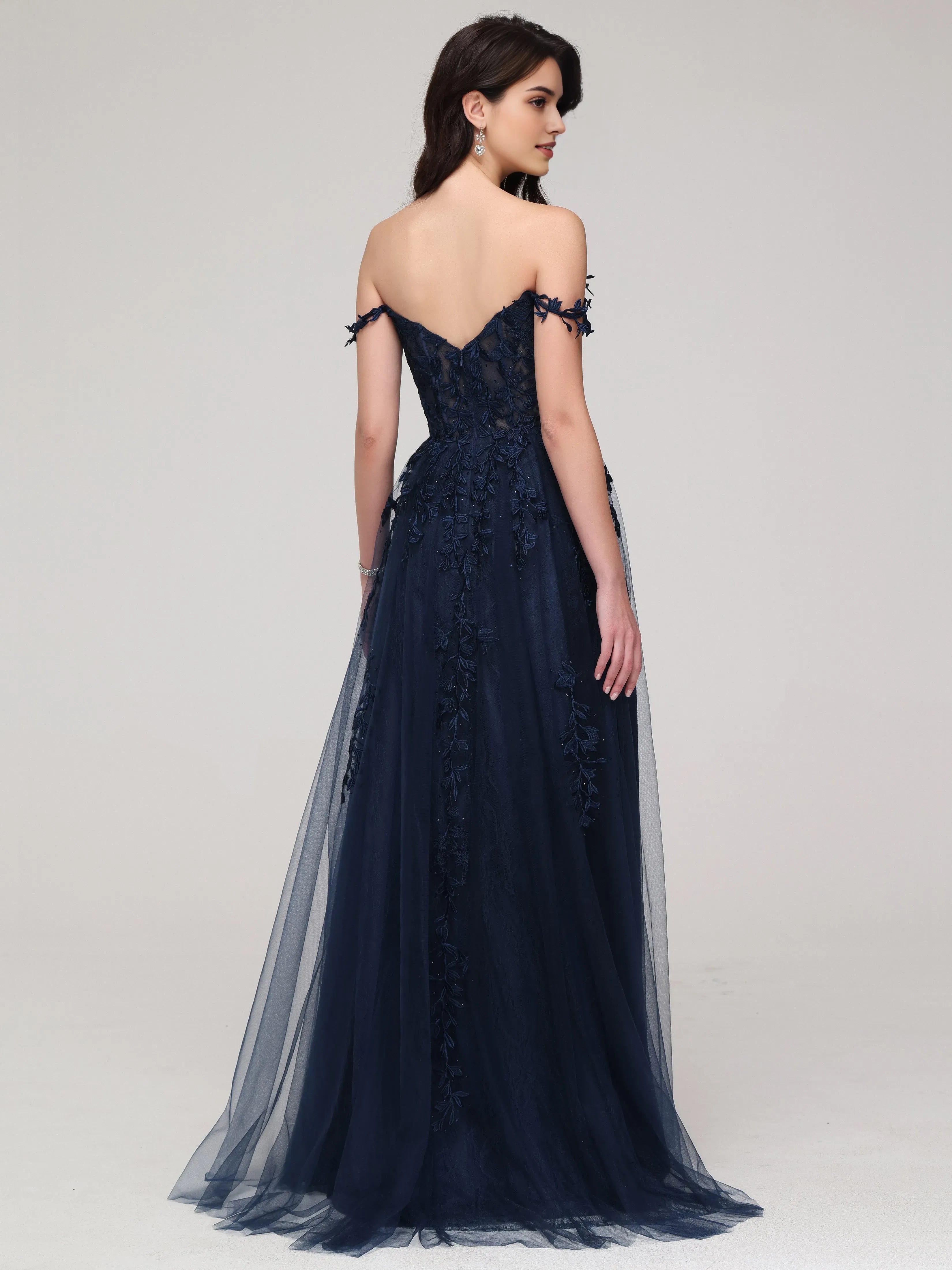 Navy Blue Chic Lace Appliques Long Off - Shoulder Prom Dress with Floral Lace Appliqués and Side Slit  Navy Blue Chic Lace Appliques Long Off - Shoulder Prom Dress with Floral Lace Appliqués and Side Slit