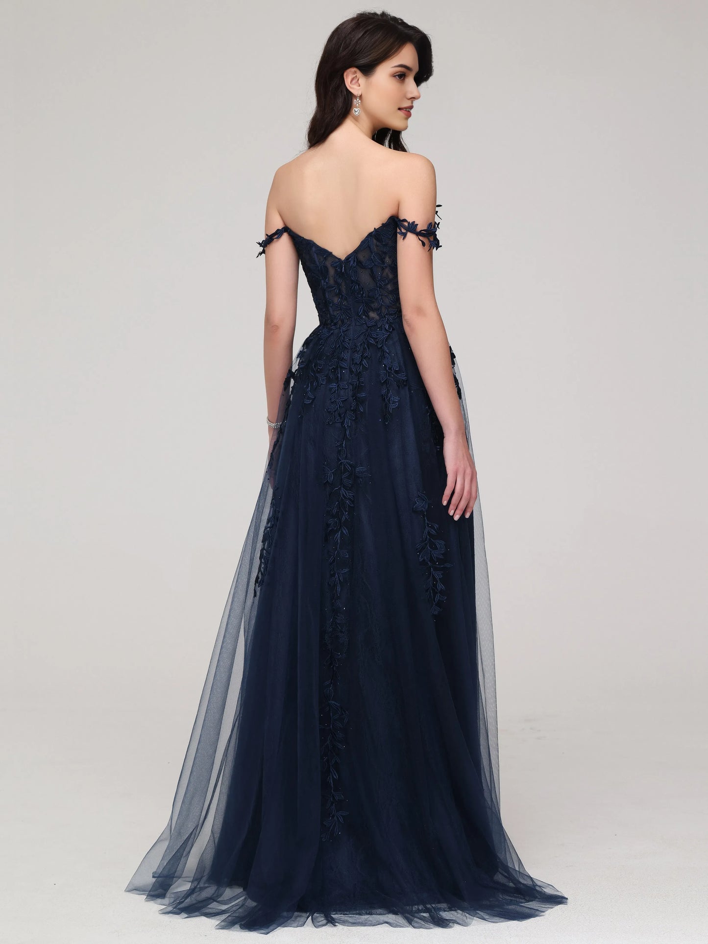 Navy Blue Chic Lace Appliques Long Off - Shoulder Prom Dress with Floral Lace Appliqués and Side Slit  Navy Blue Chic Lace Appliques Long Off - Shoulder Prom Dress with Floral Lace Appliqués and Side Slit