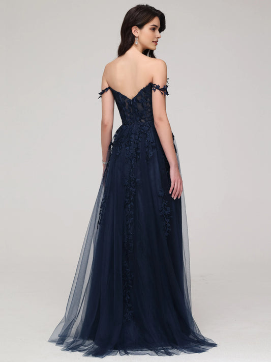 Navy Blue Chic Lace Appliques Long Off - Shoulder Prom Dress with Floral Lace Appliqués and Side Slit  Navy Blue Chic Lace Appliques Long Off - Shoulder Prom Dress with Floral Lace Appliqués and Side Slit