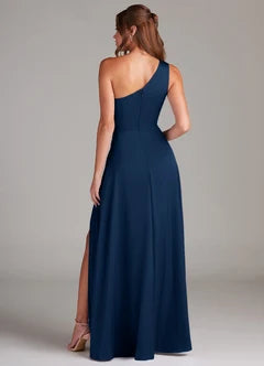 Navy Blue Chiffon One Shoulder Twist Front High Slit Maxi Evening Dresses