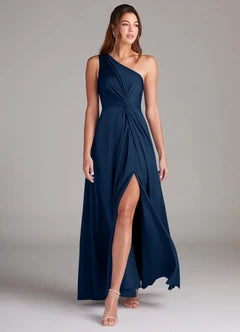 Navy Blue Chiffon One Shoulder Twist Front High Slit Maxi Evening Dresses