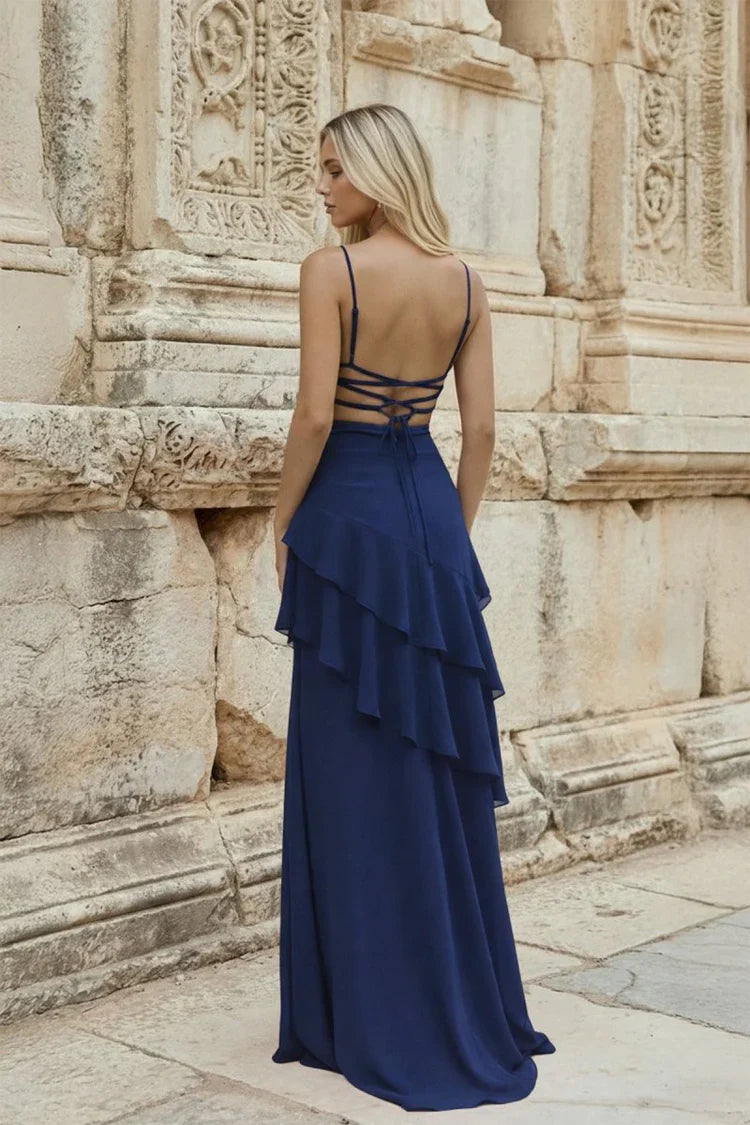 Navy Blue Chiffon Spaghetti Strap Ruffled Lace-Up Back Maxi Prom Dress