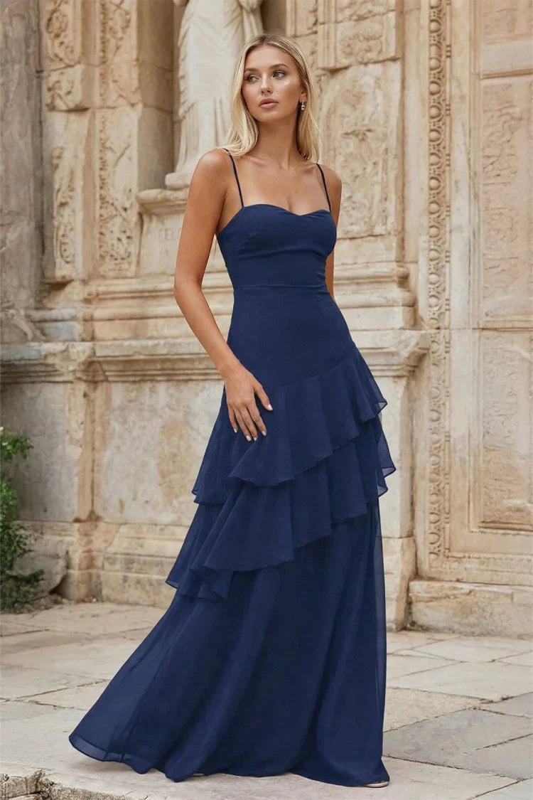 Navy Blue Chiffon Spaghetti Strap Ruffled Lace-Up Back Maxi Prom Dress