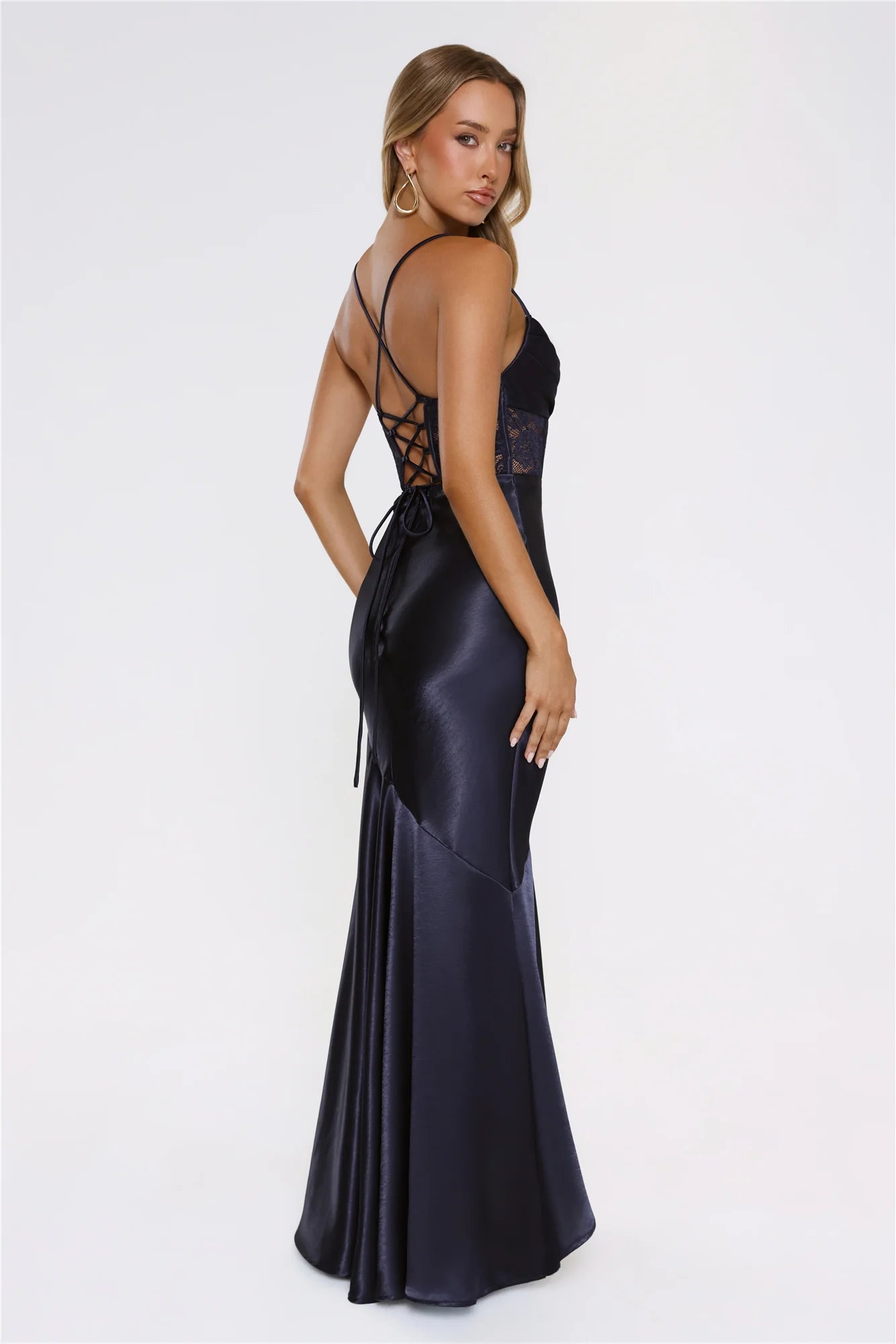 Navy Blue Cowl Neck Satin with Lace Corset Evening Dress