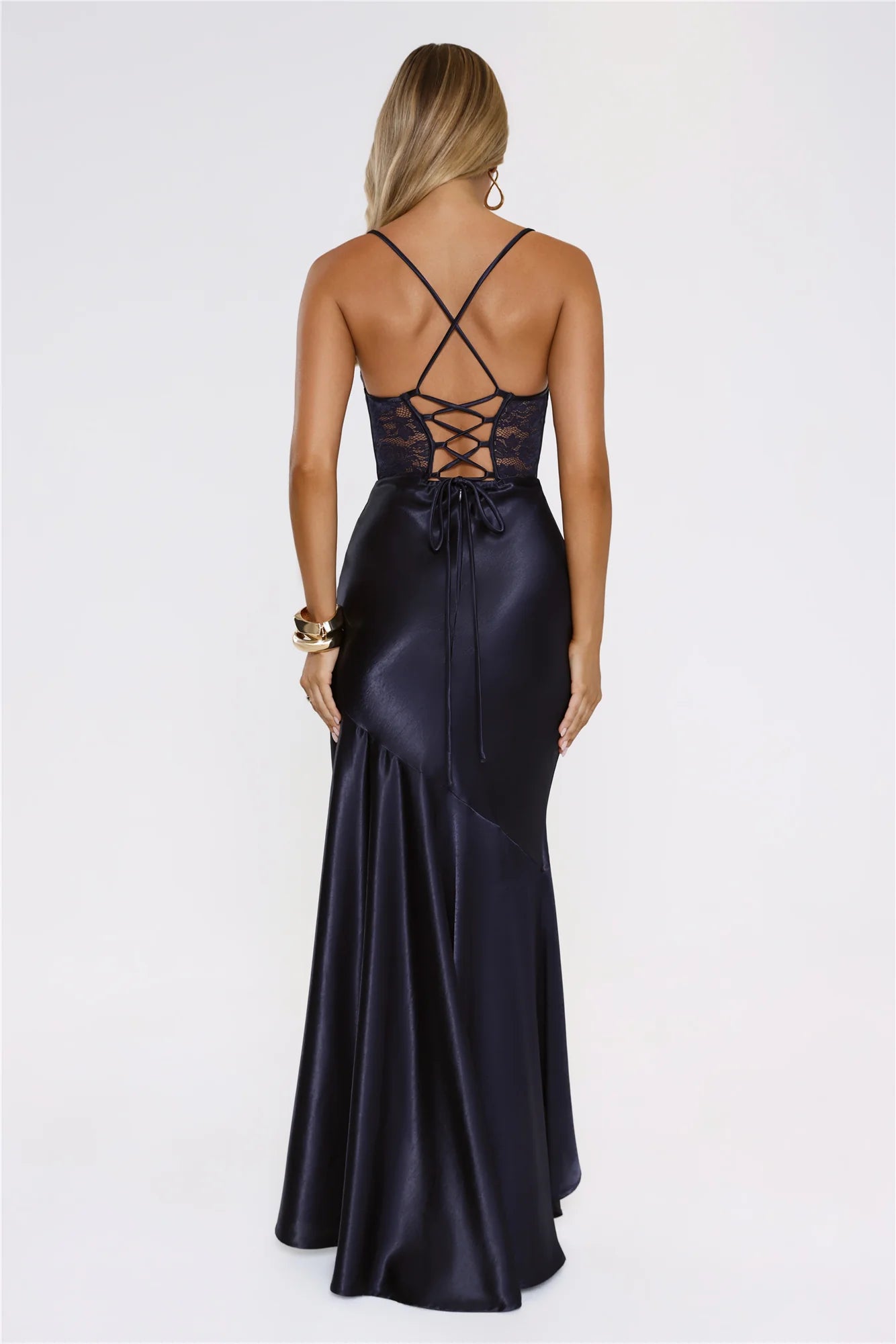 Navy Blue Cowl Neck Satin with Lace Corset Evening Dress