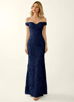 Navy Blue Floral Lace Off-Shoulder Mermaid Maxi Evening Dresses