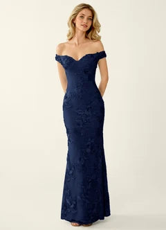 Navy Blue Floral Lace Off-Shoulder Mermaid Maxi Evening Dresses
