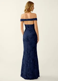 Navy Blue Floral Lace Off-Shoulder Mermaid Maxi Evening Dresses