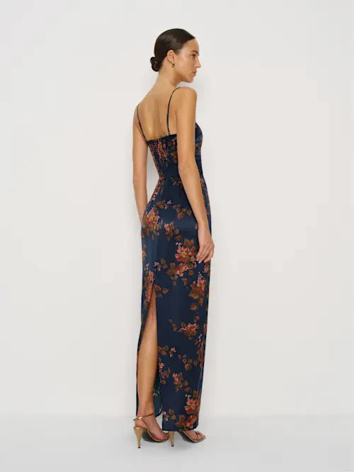 Navy Blue Floral Satin Spaghetti Strap Maxi Prom Dress