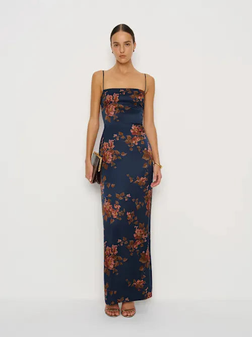 Navy Blue Floral Satin Spaghetti Strap Maxi Prom Dress