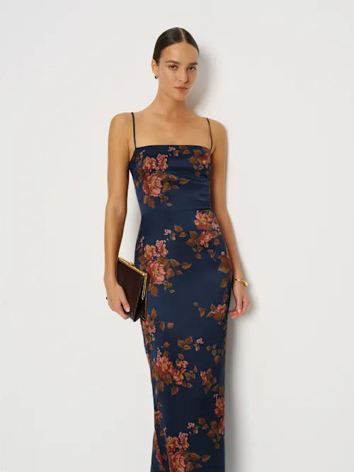 Navy Blue Floral Satin Spaghetti Strap Maxi Prom Dress
