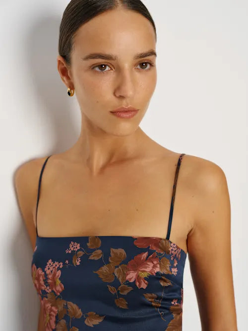 Navy Blue Floral Satin Spaghetti Strap Maxi Prom Dress