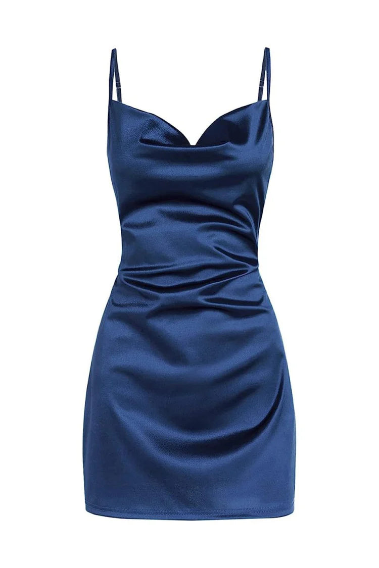Navy Blue Glitter Mesh Spaghetti Strap Ruched Bodycon Mini Evening Dresses