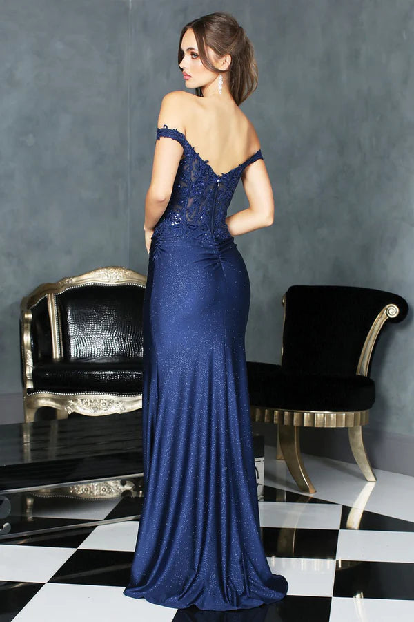 Navy Blue Glitter Off-the-Shoulder Lace Corset Slit Mermaid Maxi Evening Dresses