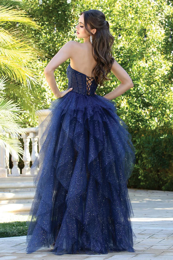 Navy Blue Glitter Strapless Tiered Tulle Slit Maxi Evening Dresses