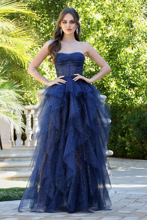 Navy Blue Glitter Strapless Tiered Tulle Slit Maxi Evening Dresses