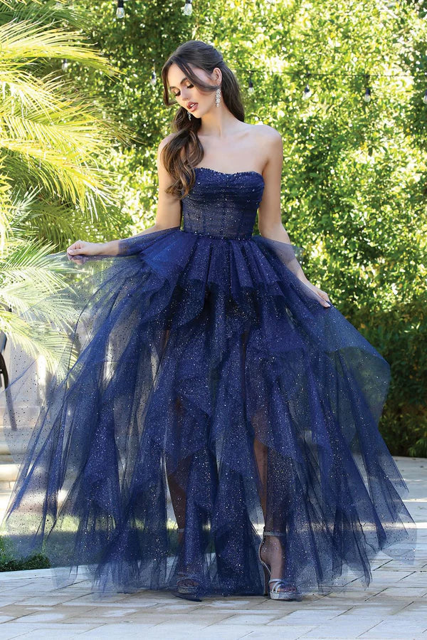Navy Blue Glitter Strapless Tiered Tulle Slit Maxi Evening Dresses