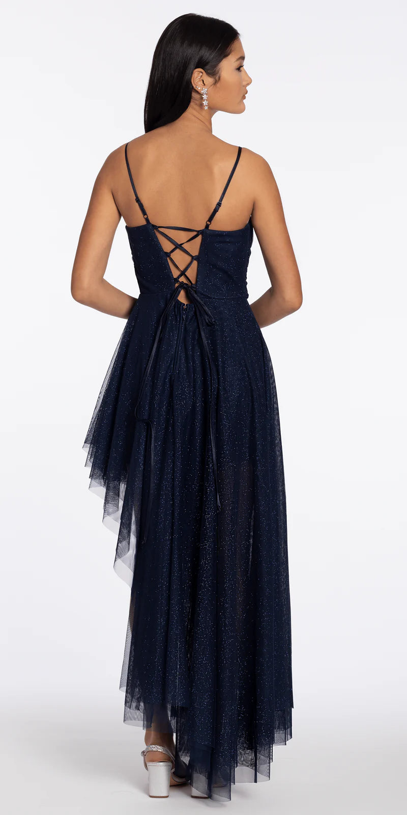 Navy Blue Glitter Tulle Spaghetti Strap Lace-Up Back High-Low Maxi Evening Dresses