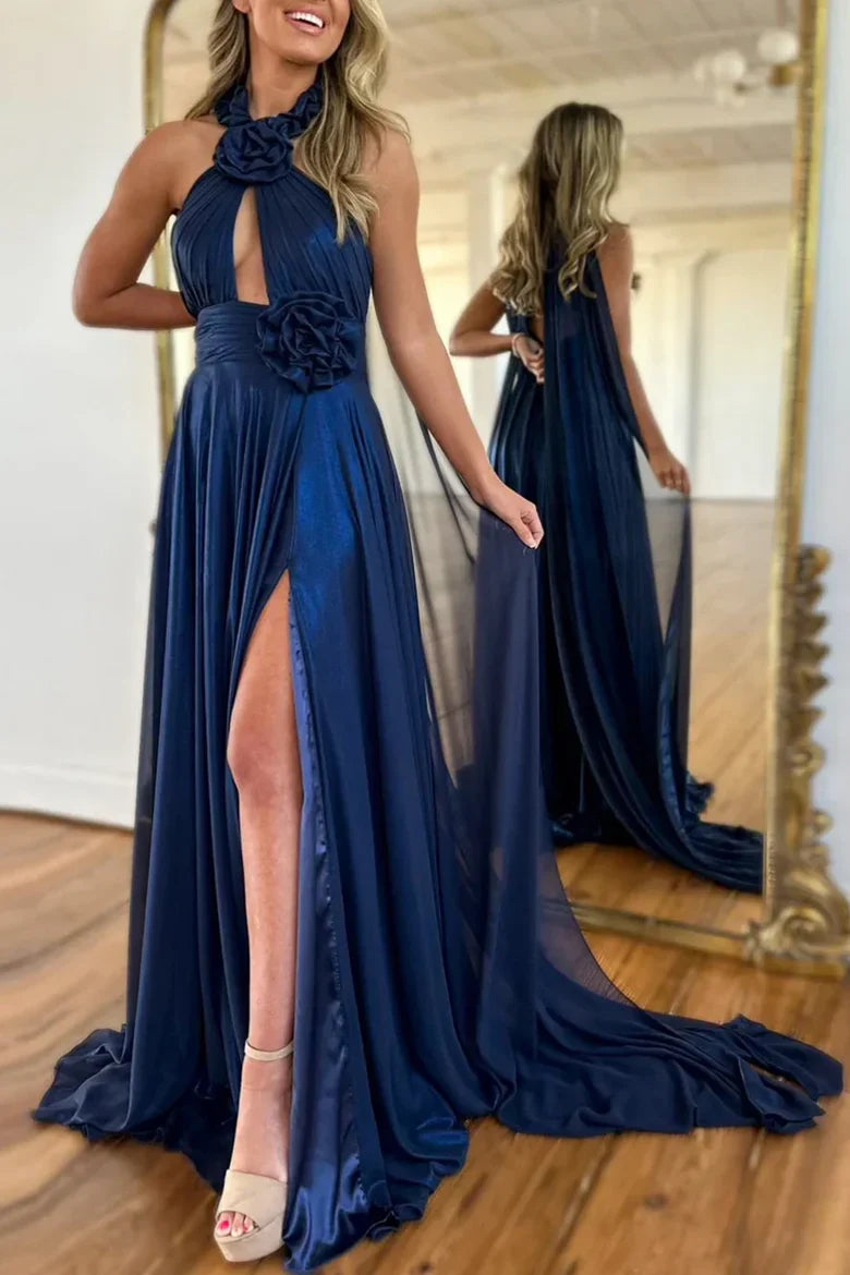 Navy Blue Halter Floral AppliquÃ© Prom Dress with Sheer Cape and High Slit