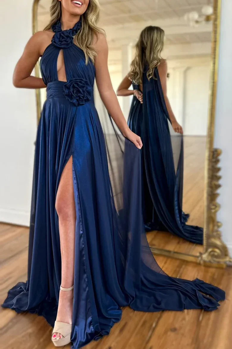 Navy Blue Halter Floral AppliquÃ© Prom Dress with Sheer Cape and High Slit