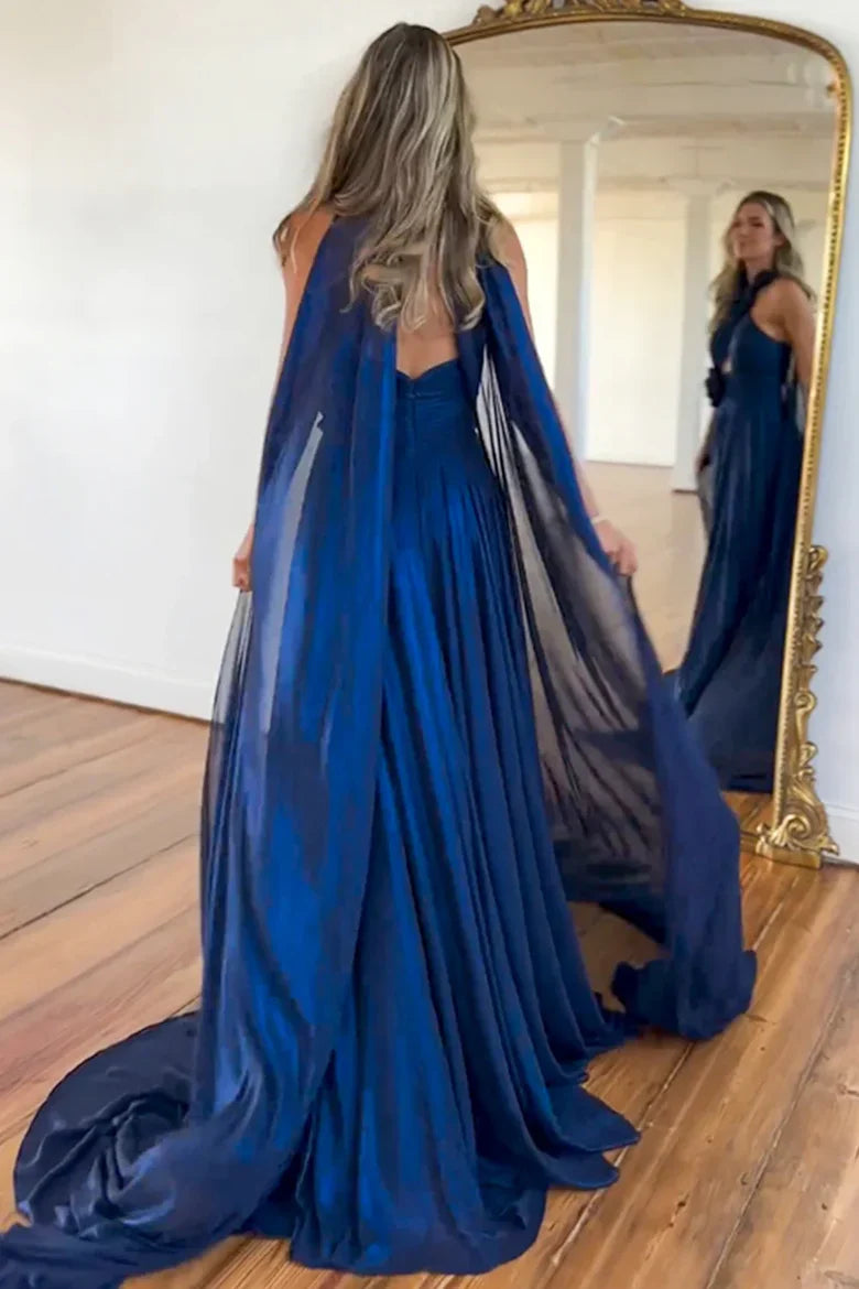 Navy Blue Halter Floral AppliquÃ© Prom Dress with Sheer Cape and High Slit