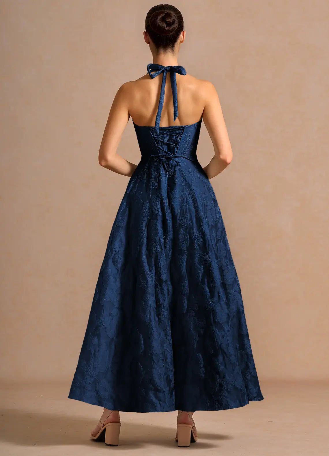 Navy Blue Halter Neck Bow Back Lace-Up Floral Jacquard A-Line Maxi Evening Dresses