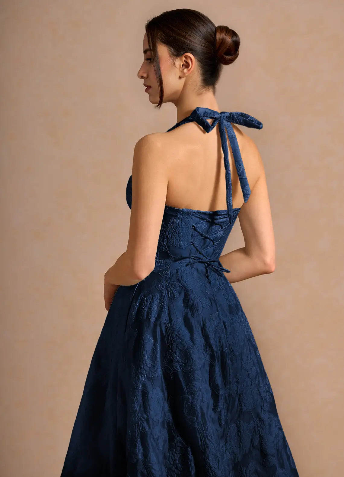 Navy Blue Halter Neck Bow Back Lace-Up Floral Jacquard A-Line Maxi Evening Dresses