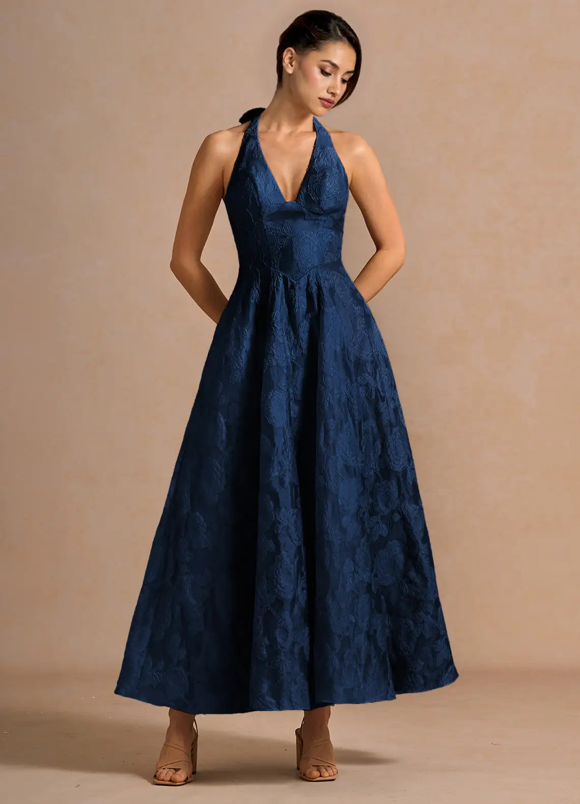 Navy Blue Halter Neck Bow Back Lace-Up Floral Jacquard A-Line Maxi Evening Dresses