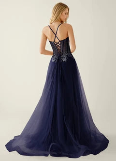 Navy Blue Lace Applique Tulle A-Line Evening Dresses