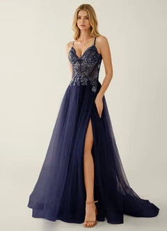 Navy Blue Lace Applique Tulle A-Line Evening Dresses