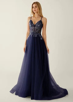 Navy Blue Lace Applique Tulle A-Line Evening Dresses