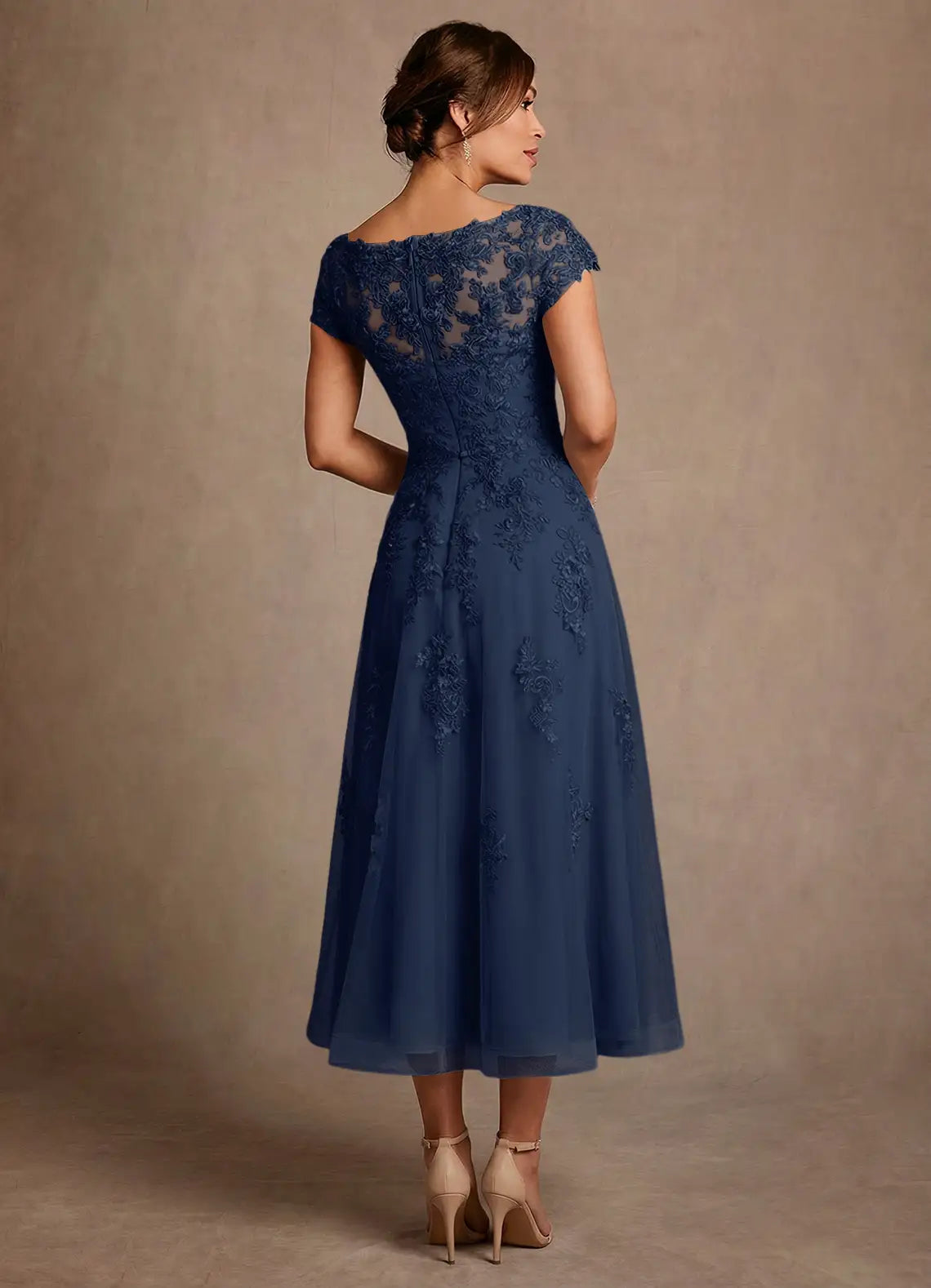 Navy Blue Lace Bateau Neck A-Line Midi Evening Dresses
